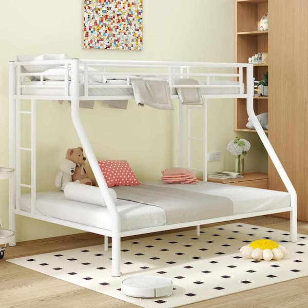 Polibi White Twin XL Over Queen Metal Bunk Bed with Ladder and Guardrails