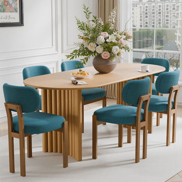 7-Pieces Oval Wooden Top Dining Table Set 6-Seats with Wood Frame, Upholstered Teal and Adjustable Foot Nails Chair