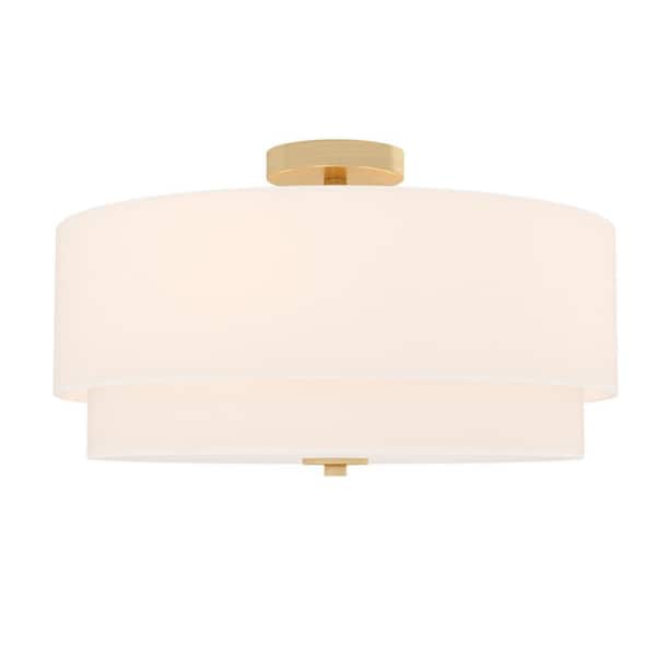 NORTH AVENUE Clarendon 20.5 in. W Brass Mid-Century Modern Drum Semi-Flush Mount Ceiling Light White Linen