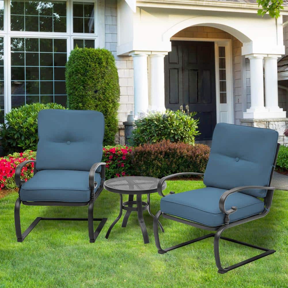 Modern Blue Cushioned Iron Armchair Bistro Set