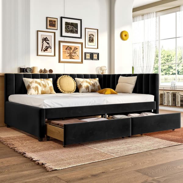 Beth Black Full Size Velvet Upholstered L-Shaped Daybed with Storage Drawers