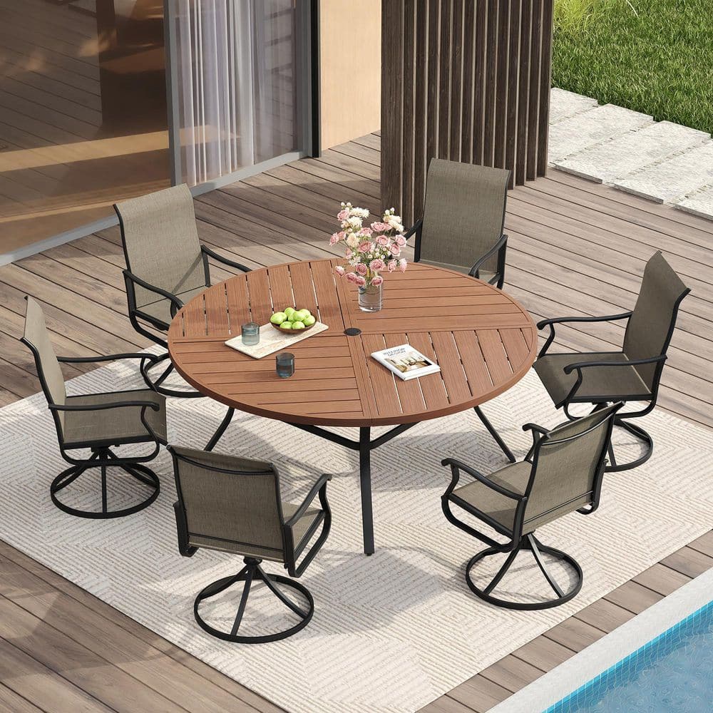 7-Piece Metal Outdoor Patio Dining Set with 53.1'' Walnut Round Dining Table and 6 Brown Textilene Swivel Dining Chairs