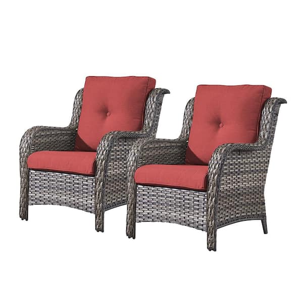 Gray Wicker Outdoor Patio Lounge Chair with CushionGuard Red Cushions (2-Pack)