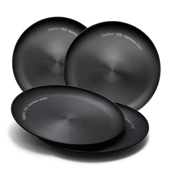 4-Piece Black 9 in. Stainless Steel Dinner Plates, Food-Grade Dishwasher Safe, Salad Plates for Outdoor Camping