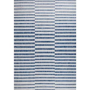 Sukie Ivory/Blue 8 ft. x 10 ft. Modern Offset Stripe Indoor/Outdoor Area Rug