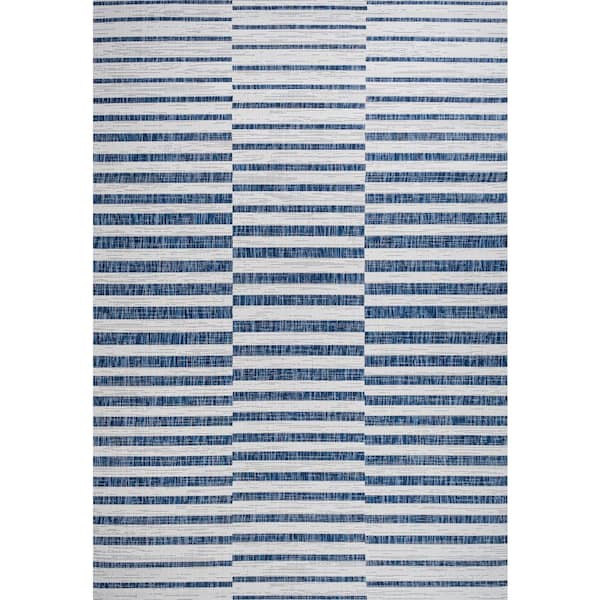 Sukie Ivory/Blue 4 ft. x 6 ft. Modern Offset Stripe Indoor/Outdoor Area Rug