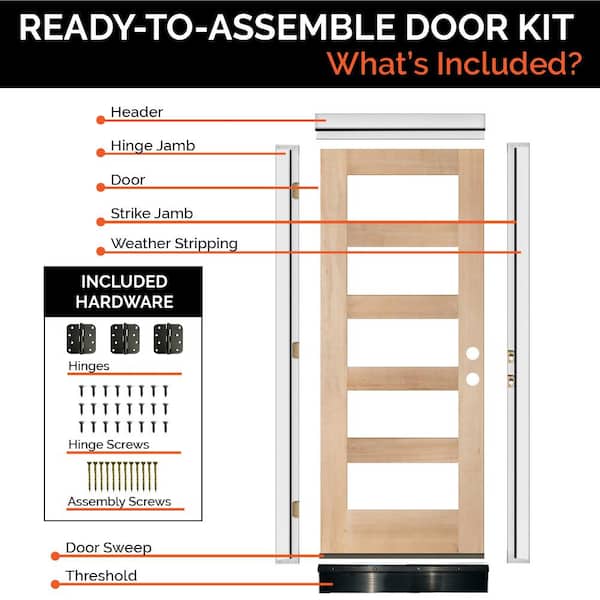 DIY RTA KIT 36in.x80in. Modern Hemlock Right-Hand/Inswing 5Lite Clear Glass Unfinished Wood Ready To Assemble Front Door