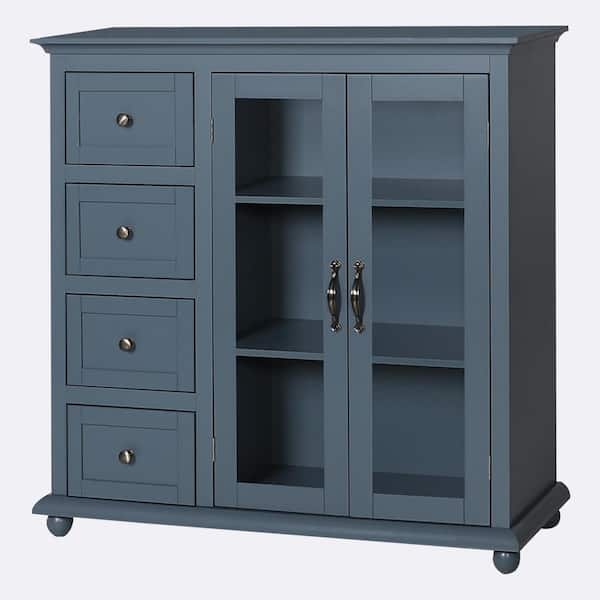 VEIKOUS Dark Grey Kitchen Cabinet Storage Sideboard with Glass Door and 4-Drawers