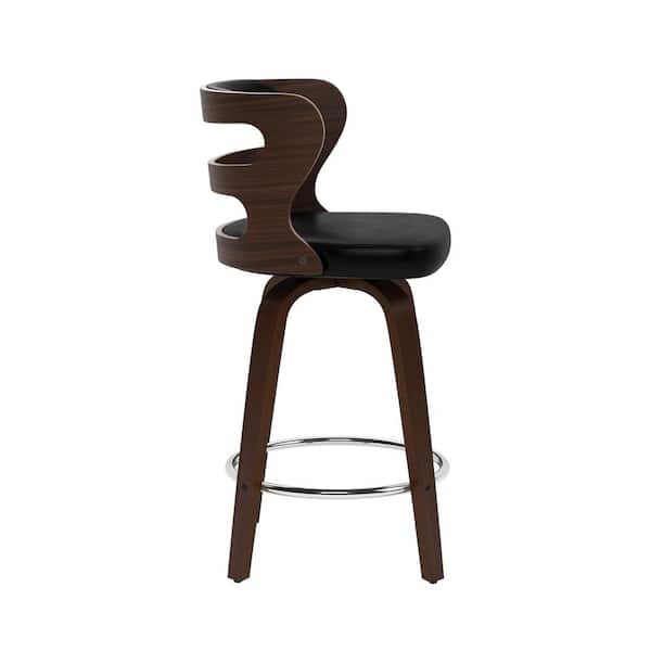 Arabela 26 in. Black Solid Wood Swivel Bar Stool Faux Leather Kitchen Counter Stool with Walnut Frame Set of 2