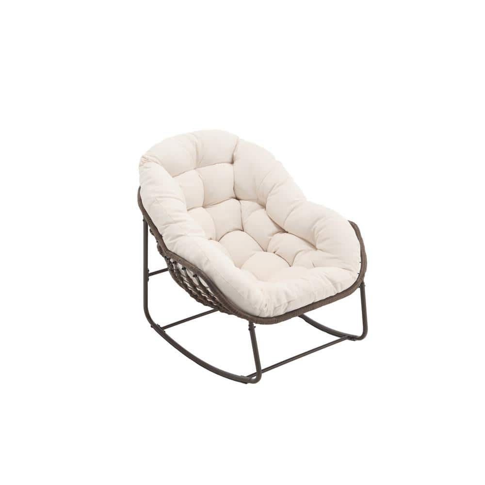 Deluxe Oversized Wicker Rattan Padded Steel Frame Outdoor Rocking Chair with Teddy White Cushion price history on PriceWatchPro