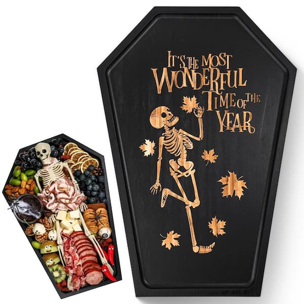 Multi-Colored Platters 16.5 x 11.5 in. Bamboo Coffin Charcuterie Board Halloween Skeleton Skull Print Gothic Serving