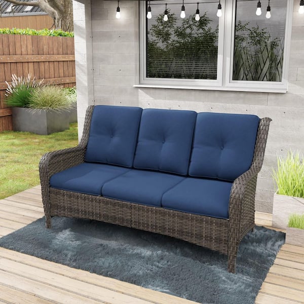 JOYSIDE 3-Seat Wicker Outdoor Couch Patio Sofa with Deep Seating and Blue Cushions