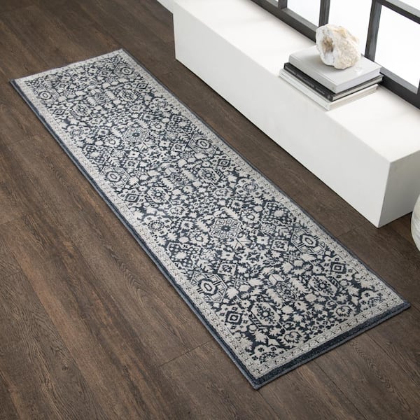Skyline Blue/Beige Doormat 2 ft. x 7 ft. Floral Area Rug