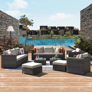 Uranus Gray 12-Piece Wicker Outdoor Patio Conversation Seating Set with Beige Cushions