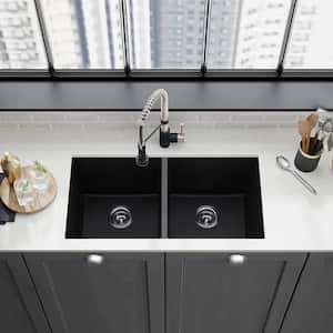 YSNSink GPRO Matte Black Granite Composite 32 in. 50/50 Double Bowl Undermount Kitchen Sink with Basket Strainer