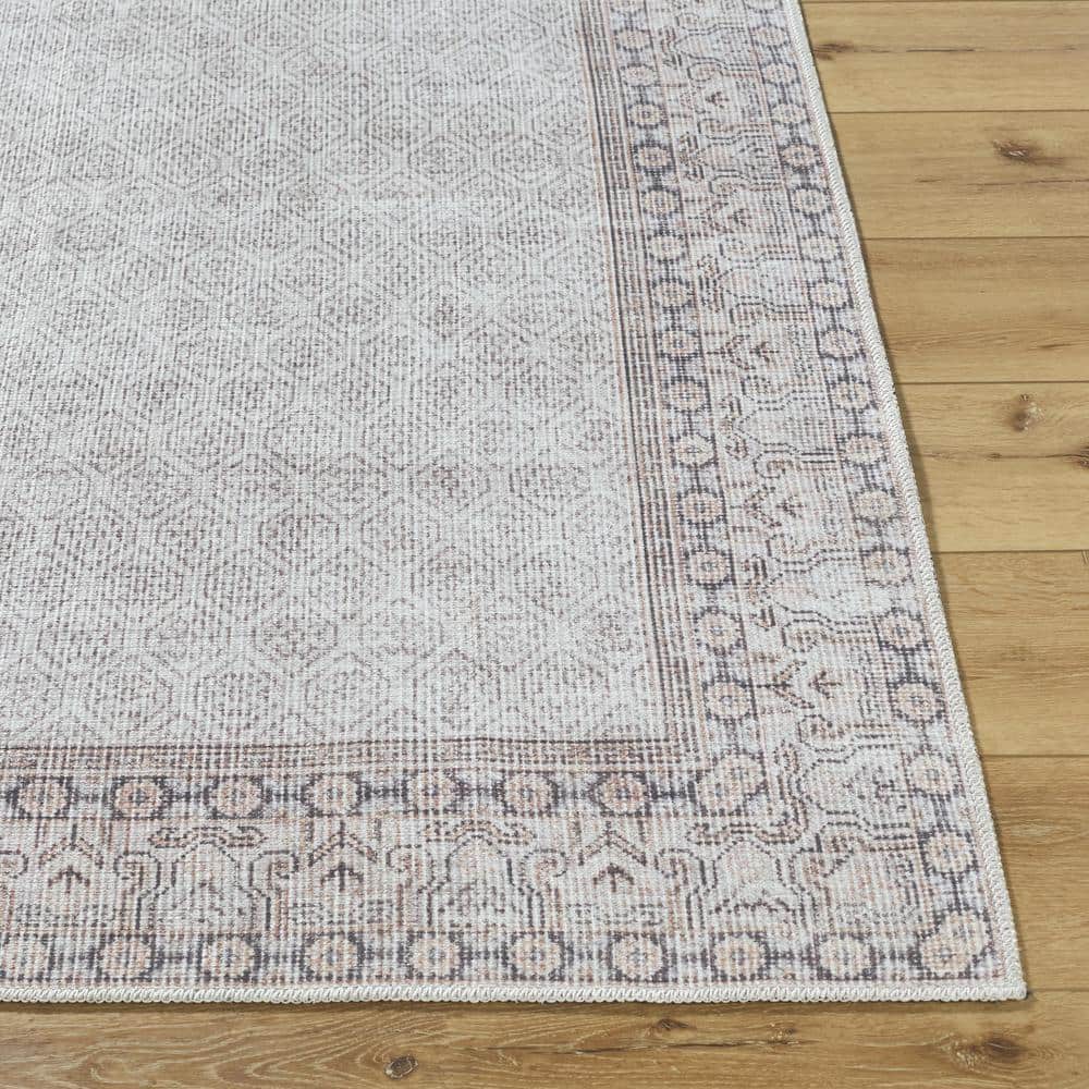 Rainier Cream and Tan Polyester Washable Runner Rug