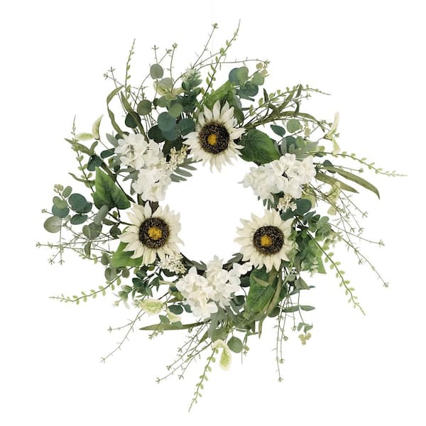 Puleo International 24 in. Artificial Sunflower and Hydrangea Floral Spring Wreath