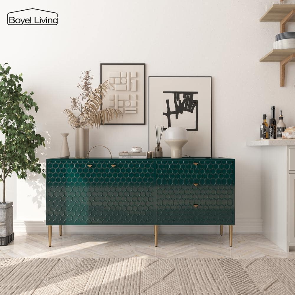 Green Modern Accent TV Stand with 2-Door Storage Cabinet and 3 Drawers