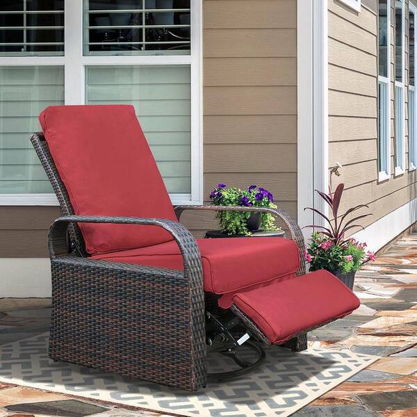 Red Adjustable Wicker Outdoor Recliner with Water Resistant Cushions