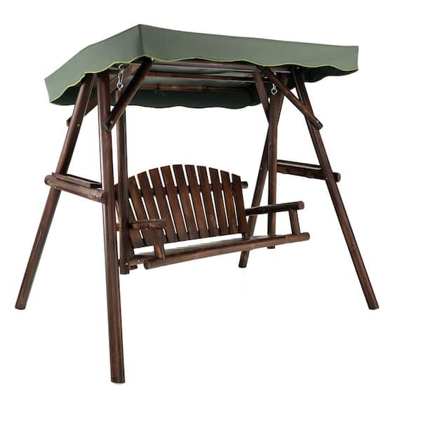 WELLFOR 2-Person Dark Brown Wood Patio Swing with Adjustable Canopy and Side Table