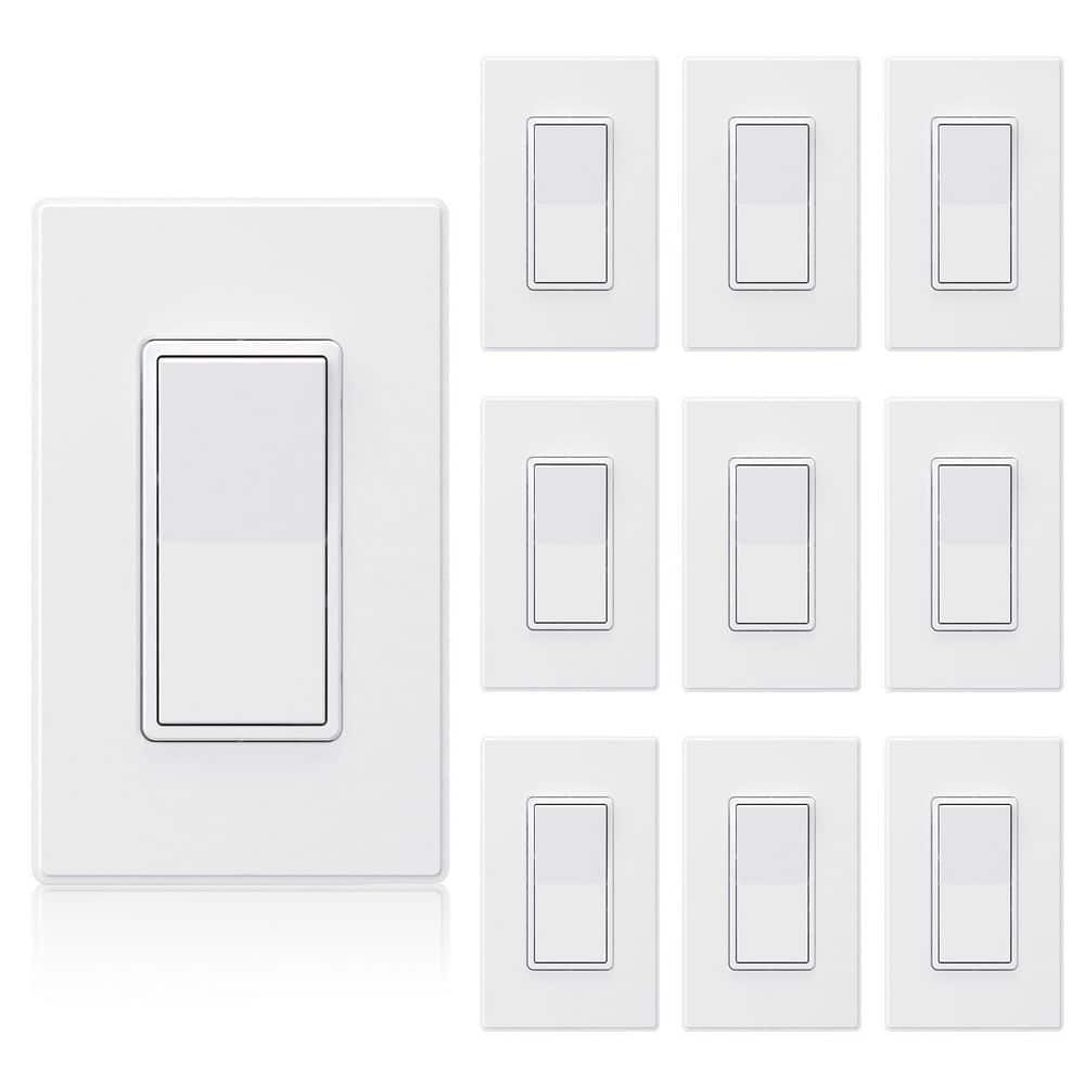 White Matte Single Pole Rocker Light Switch Set with Thermoplastic Wall Plate