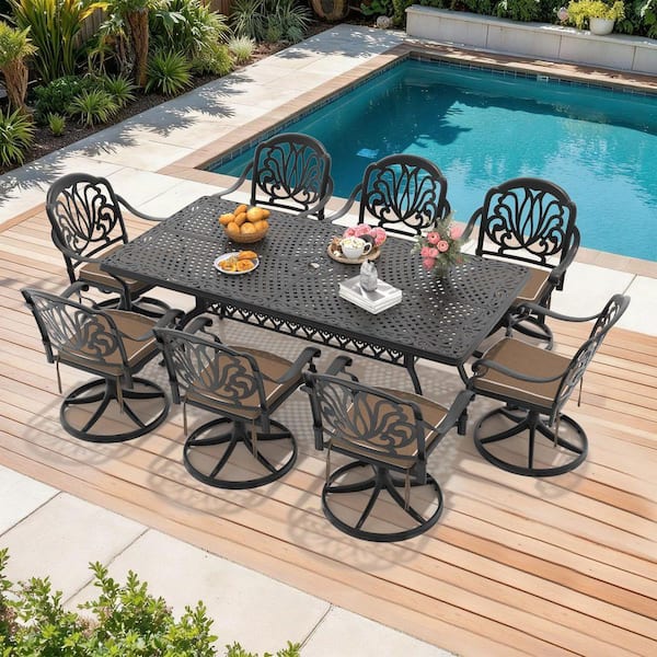 Black 9-Piece Cast Aluminum Outdoor Dining Set with 8 Swivel Rockers with Brown Cushion and Rectangular Table