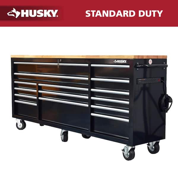 Husky 84 in. W 18 in. D 15-Drawer Mobile Workbench with Wood Top