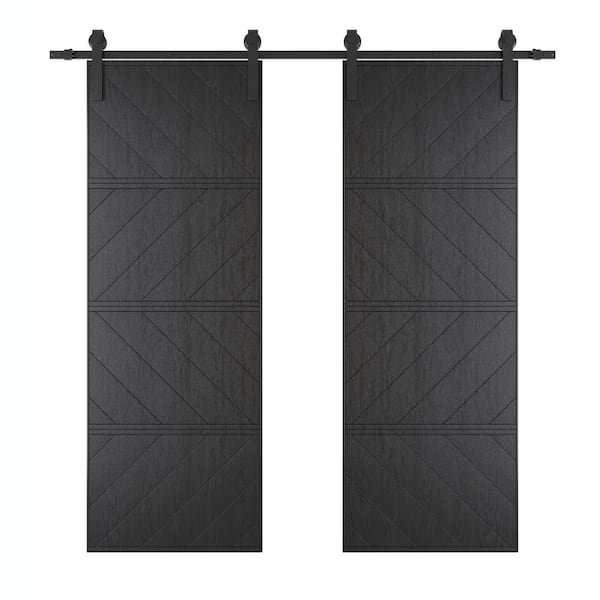TENONER 60 in. x 84 in. (30 in. W Doors x 2) Black, Wood Panel Textured, MDF and PVC Covering Sliding Barn Door w/ Hardware Kit