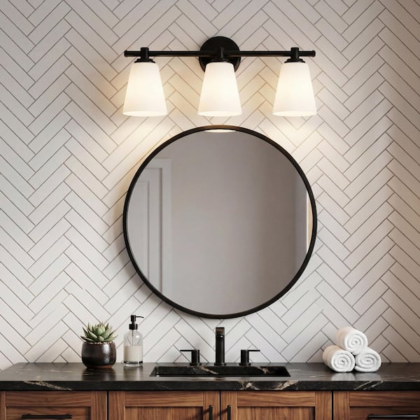 20 in. 3-Light Black Bathroom Vanity Light Fixture with Frosted Glass Shades, No Bulbs Included