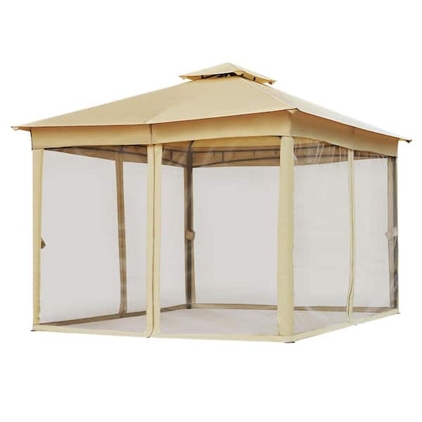 10 ft. x 10 ft. Outdoor Gazebo Tent with Double Roofs, Patio Gazebo with Mosquito Netting for Backyard, Garden, Beige