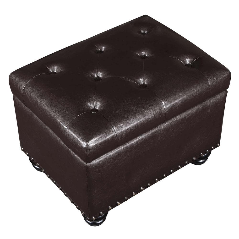 Espresso Faux Leather Tufted Storage Ottoman with Nailhead Trim