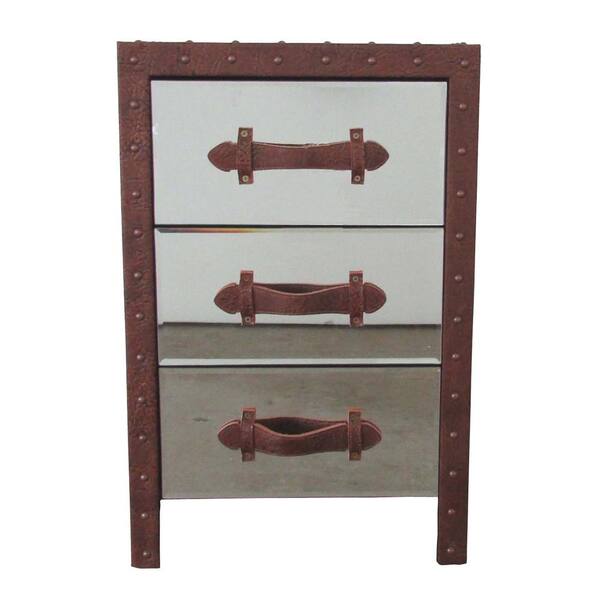 Noble House Evelyn 3-Drawer Mirrored Chest with Studded Bonded Leather Accents