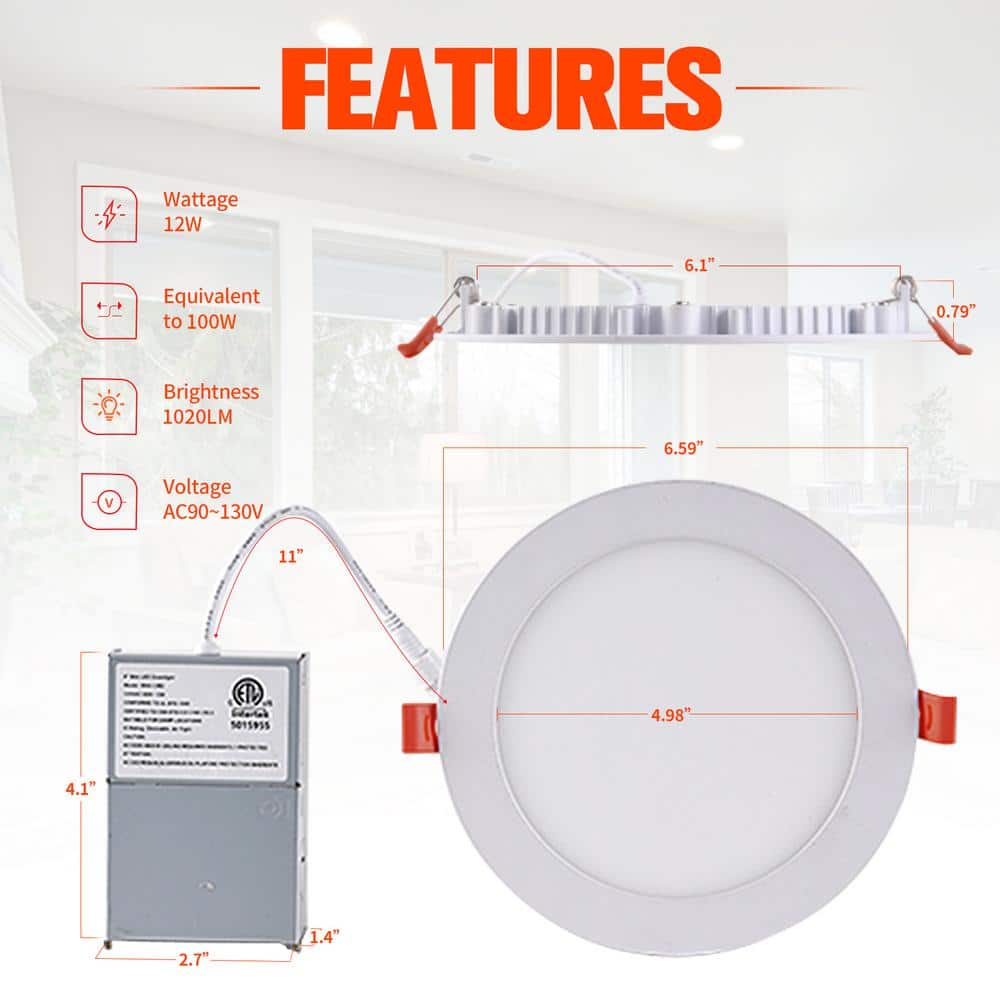 6-Inch White Ultra-Thin Dimmable LED Recessed Lights, 12-Pack