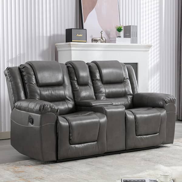 Gray 2-Seater PU Manual Recliner Chair with 2 Cup Holders and Storage Box