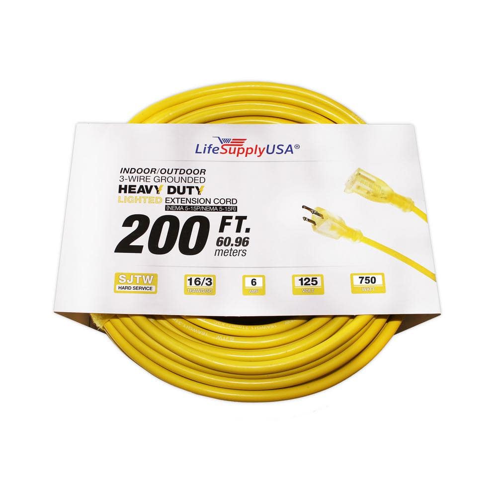 LifeSupplyUSA 200 ft. 16/3 SJT Amp 125-Volt 750-Watt Lighted End Indoor/Outdoor  Heavy-Duty Extension Cord 163200FT The Home Depot