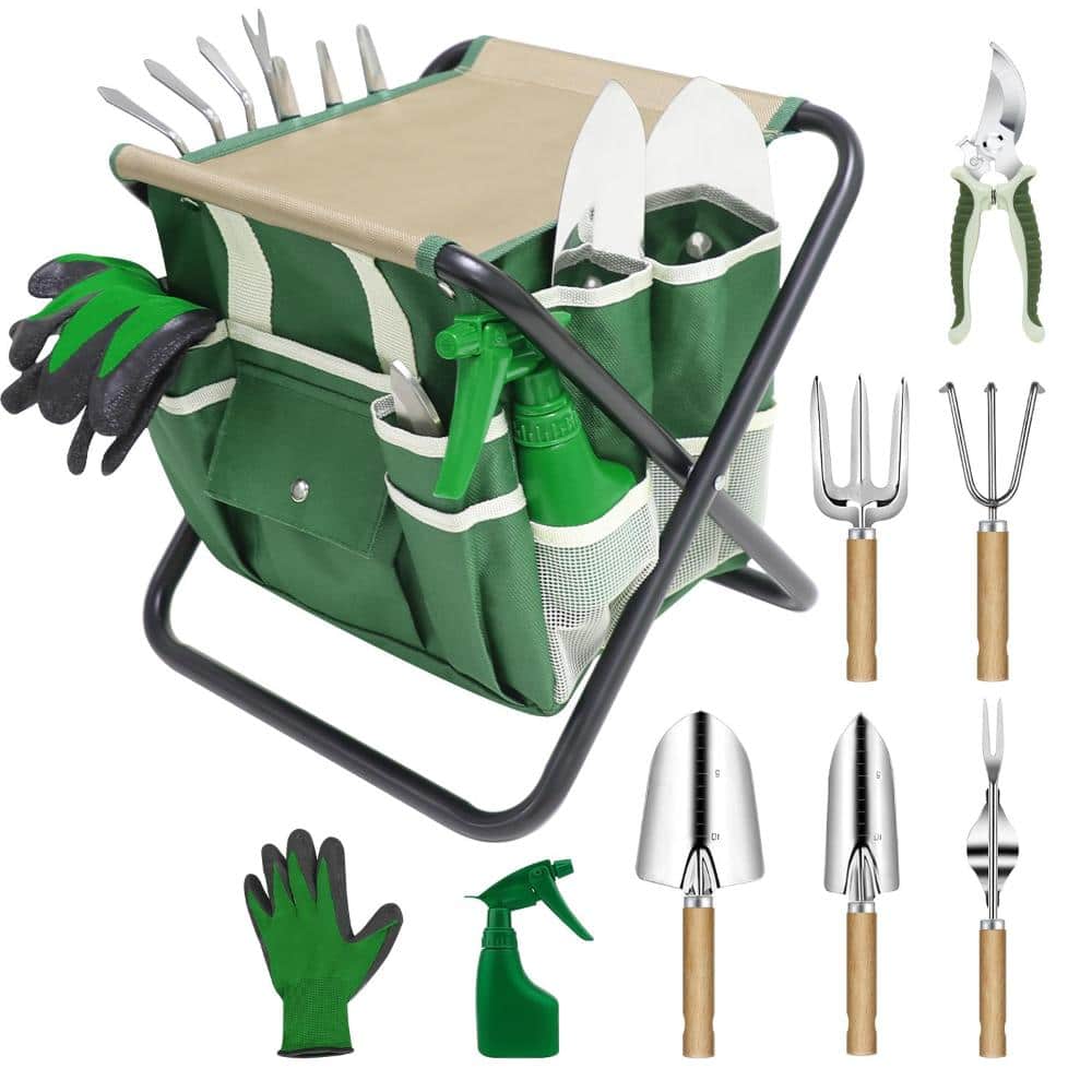 10-Piece Garden Tool Set with Folding Stool and Detachable Tote
