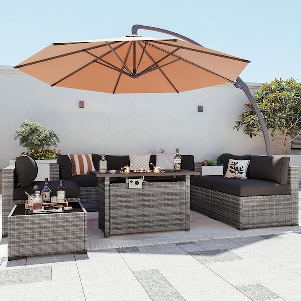 Grown 7-Piece Wicker Rattan Outdoor Sectional Set with Cushions, Coffee Table and Set Cover