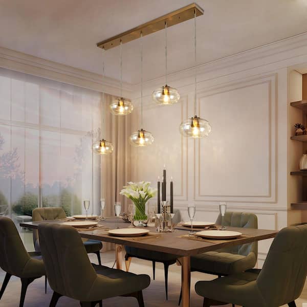 Chrysa 52.4 in. W 5-Light Plated Brass Island Chandelier with Iridescent Glass Globes, Kitchen Dining Room Pendant Light