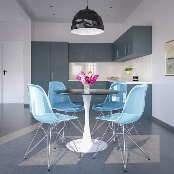 5-Piece Dining Set 35 in. Round MDF Wood Dining Table with 4-ABS Plastic Side Chairs Chrome Base in Transparent Black