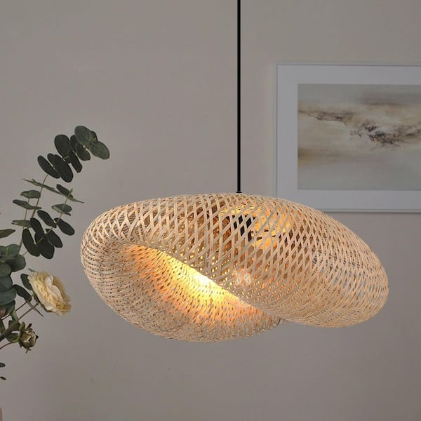 SUNLLOK Industrial 15.75 in. 1-Light Kitchen Island Bamboo Shade Plug in Pendant Light with 2 Bases and Switch, E26 Base