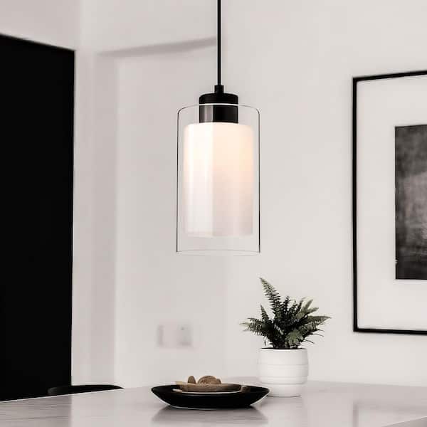 Avenue 1-Light Matte Black Mini Pendant Light with Clear Glass and White Glass Dual Shades, 4.75 in.