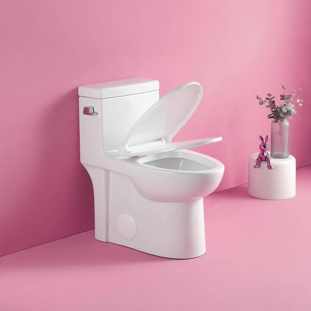 One-Piece 1.28 GPF Single Flush Elongated Toilet in Glossy White with Soft-Close Seat -  FAMYYT, XJ-23T03-GW-L