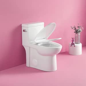 One-Piece 1.28 GPF Single Flush Elongated Toilet in Glossy White with Soft-Close Seat