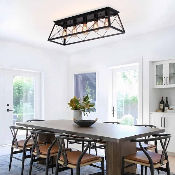 TinHon 31.5 in. 5-Light Matte Black Industrial Flush Mount Ceiling