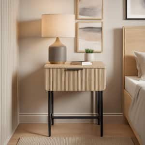 Modern 18.25 in. Coastal Oak and Black Rectangle Wood End Table with Reeded Drawer