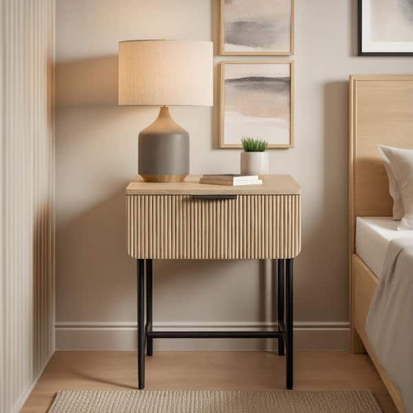 Modern 18.25 in. Coastal Oak and Black Rectangle Wood End Table with Reeded Drawer