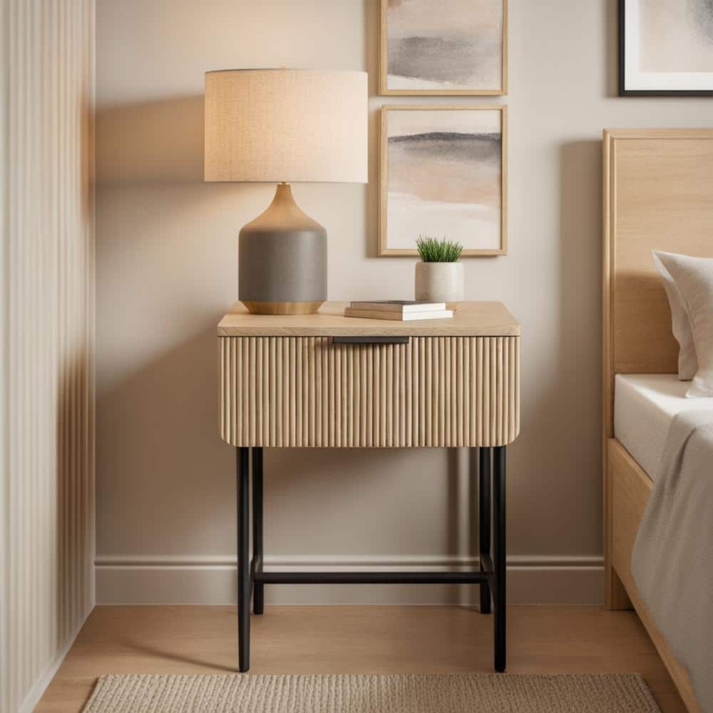 Modern Coastal Oak and Black Fluted Drawer Side Table