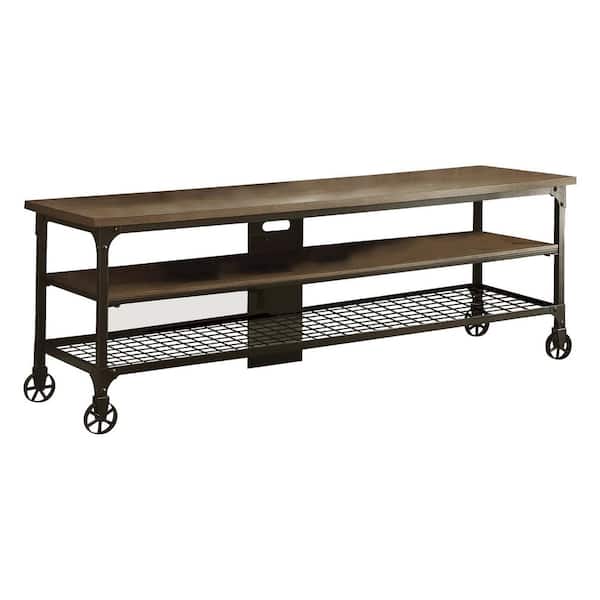 EVERGLADE HOME Blanchard 65 in. Weathered Natural and Rustic Black Metal Finish TV Stand Fits TV's up to 70 in. with Cable Management