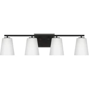 Vertex Collection 29 in. 4-Light Matte Black Etched White Glass Contemporary Vanity Light