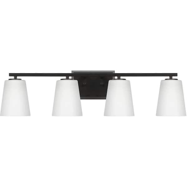 Progress Lighting Vertex Collection 29 in. 4-Light Matte Black Etched White Glass Contemporary Vanity Light